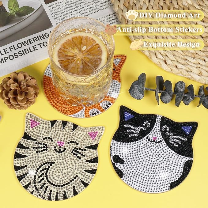 Vcekract 6 Pcs Cat Diamond Art Coasters Kit for Adults | Diamond Painting Coasters with Holder & Protective Backing, Diamond Art Adult Crafts for Table Home Decoration