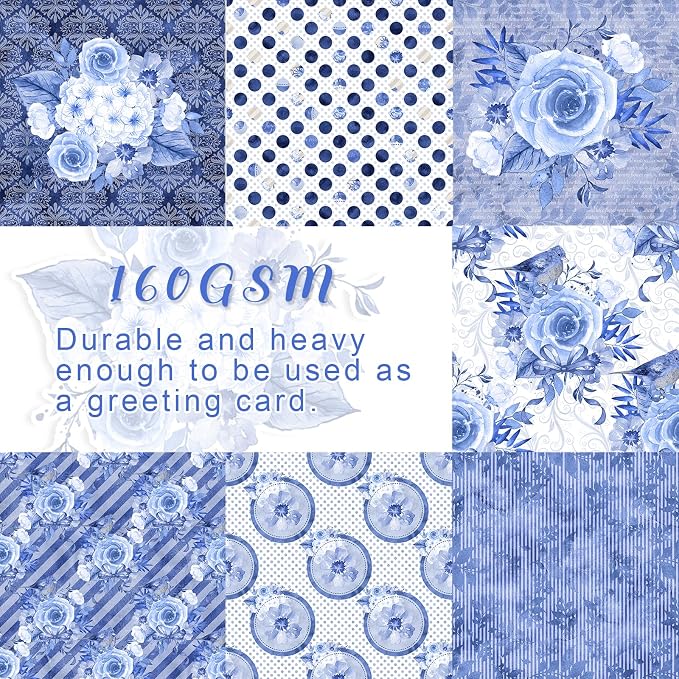 28 Sheets Scrapbook Paper, Floral Scrapbooking Specialty Papers 160gsm Cardmaking Craft Paper Pack Decorative Paper for Card Making (6"X6" Inch, Blue Flowers)