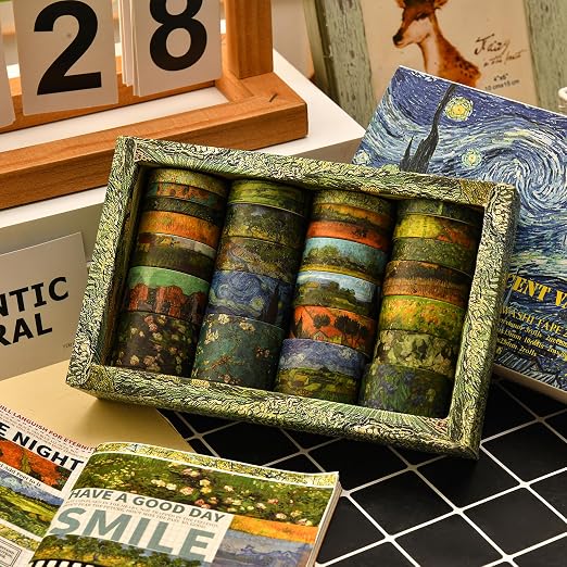 25 Rolls Starry Night Washi Tape Pack Van Gogh Oil Painting Arts Adhesive Tapes Gold Foil Decorative Masking Tape Sets for Craft, Kids, Scrapbook, DIY, Gift Wrapping