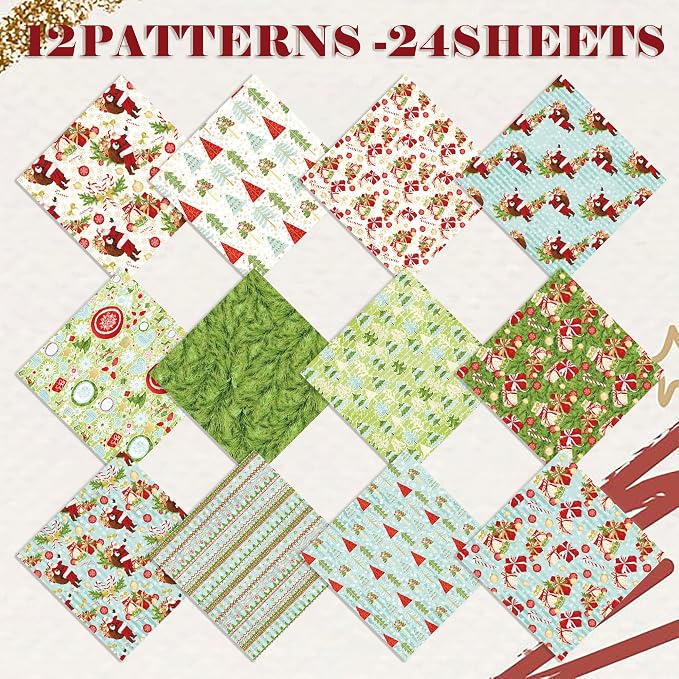 Christmas Pattern Scrapbook Paper, 6 Inch Card Production Supplies, 24 Sheets Single Sided Acid-Free Cardstock Greeting Card, Handmade Gift Journaling Craft Kits (J-style)