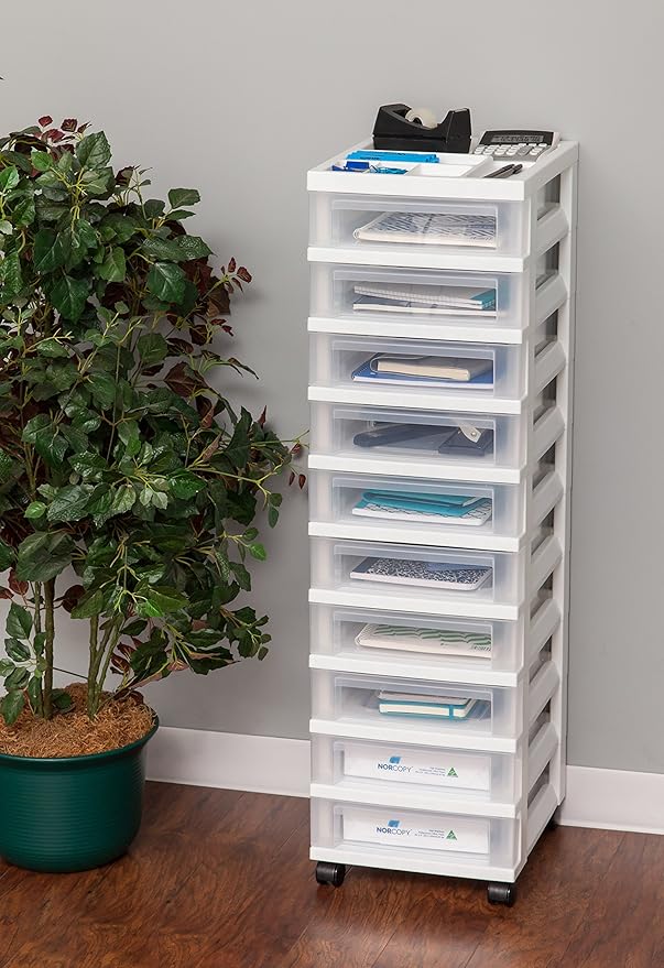 IRIS USA 10-Drawer Rolling Storage Cart, White/Clear