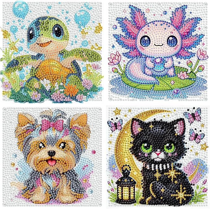 cviokrdu 4 PCS Diamond Art Kits for Kids, Animals Diamond Art for Kids Ages 4 8 12, Cute Turtles Cats Dogs Axolotl Gem Art Kit Crafts Beginners for Gift Home Wall Decor (6x6inch)