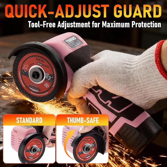 TEENO Cordless Angle Grinder Kit, 19,500 RPM Mini Electric Angle Grinding Tool with 2 Pcs 16.8V 2000mAh Batteries and 6 Cutting Discs, 3-Inch Handheld Grinder for DIY & Home Improvement, Pink