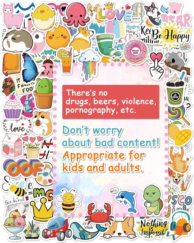 100 Pcs Stickers for Kids, Cute Vinyl Waterproof Stickers for Water Bottle | Treasure Box Toys for Classroom Prizes, Teacher Back to School Supplies Gifts, Sticker Pack for Girls Teens, Party Favors