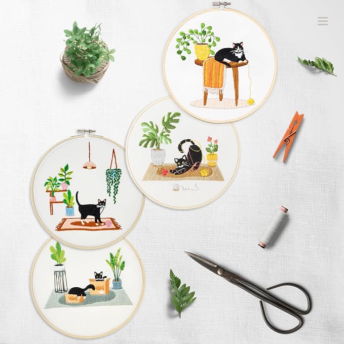 Bonroy 4 Sets Embroidery Set for Beginners, Art Craft, Easy Sewing, Includes Embroidery Clothing, Pattern, Embroidery Hoop, Instruction Manual, Colorful Thread Stitch Set (Cat)