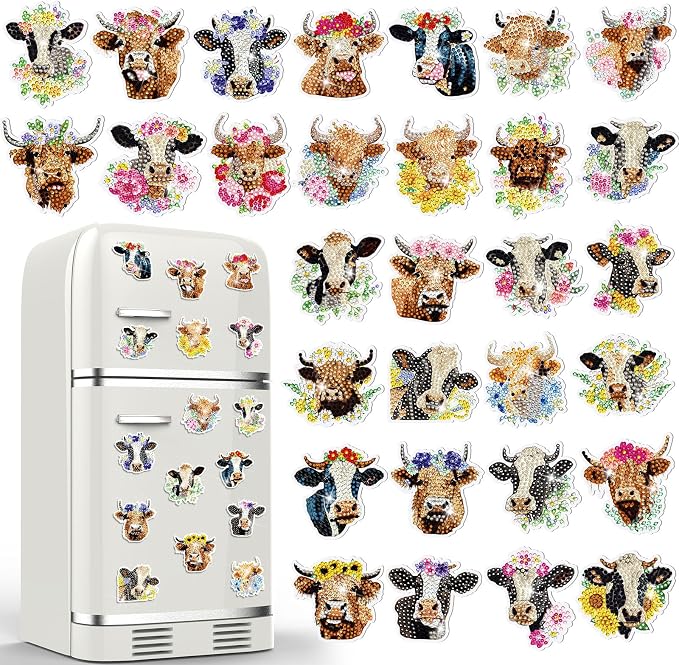 Remuuly 30 Pcs Highland Cow Diamond Painting Magnets Diamond Art Magnet Kit | Cow Diamond Art Kits for Adults, Refrigerator Magnet, 5D Rhinestone Fridge Magnetic Sticker, Diamond Club Gifts, DIY Crafts