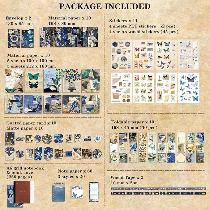 BoomTeck Vintage Aesthetic Scrapbooking Supplies, Bullet Junk Journal Kits with Scrapbook Paper, Washi Stickers, A6 Grid Notebook - DIY Craft Journaling Gift for Teen Girl Adult (Butterfly Garden)
