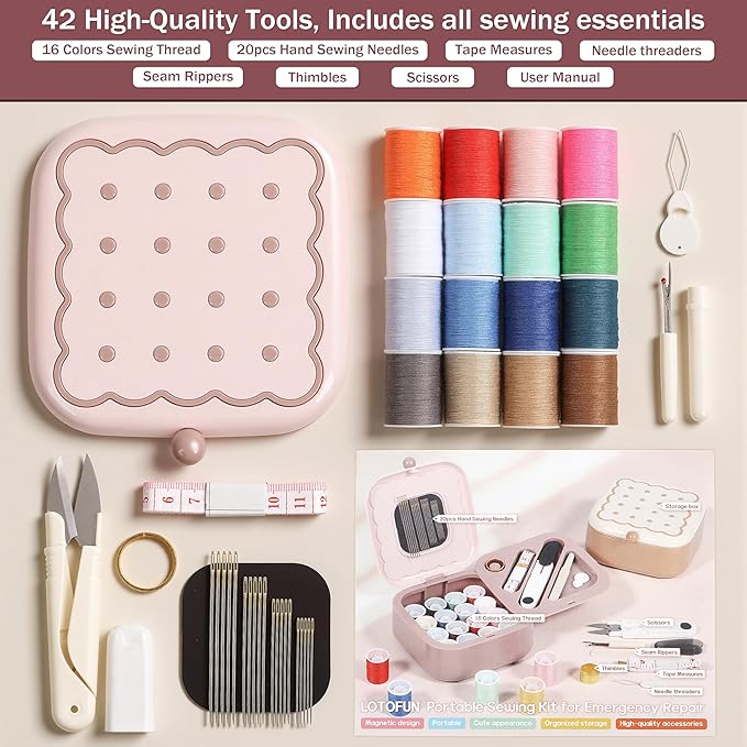 LOTOFUN Small Sewing Kit Box: Cute Portable 2-Layer Organizer Magnetic Needle and Thread Kits Holder Basic Case - Home Clothes Repair for Beginners (Pink)