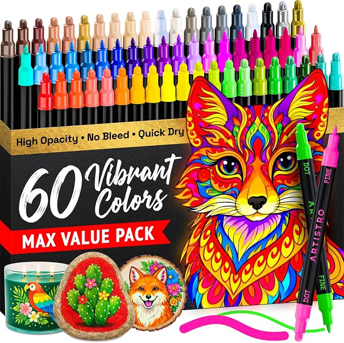 ARTISTRO Dual-Tip Acrylic Paint Marker Pens - Set of 60 | For Fabric, Rock, Glass, Wood, & Coloring Books, Arts & Crafts Gift, Classroom Must Haves & School Supplies (Dot & Fine Tips)
