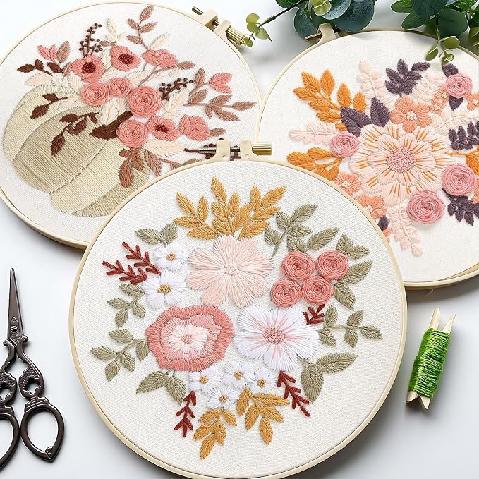 Sivilife Embroidery Kit for Beginners, 3 Sets Stamped Cross Stitch Kits for Beginner, Floral Pattern Embroidery Starter Kits for Adults with Embroidery Hoop Instructions Threads and Needles Scissors