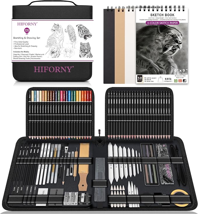 HIFORNY 126 PCS Drawing Kit Sketching Pencil Set,Sketch Pencils Art Supplies with 3-Color Sketchbook,Graphite,Charcoal,Blending Tools,Drawing Pencils for Adults Artists in Zipper Case