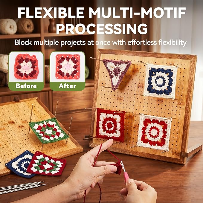 13" Crochet Blocking Board for Granny Square with 25 Pegs(Pins) & Felt Bag | 625 Holes, Blocking Board for Crochet Projects, Adjustable Bamboo Wood Board for Crocheting & Knitting, Gift for Crocheter