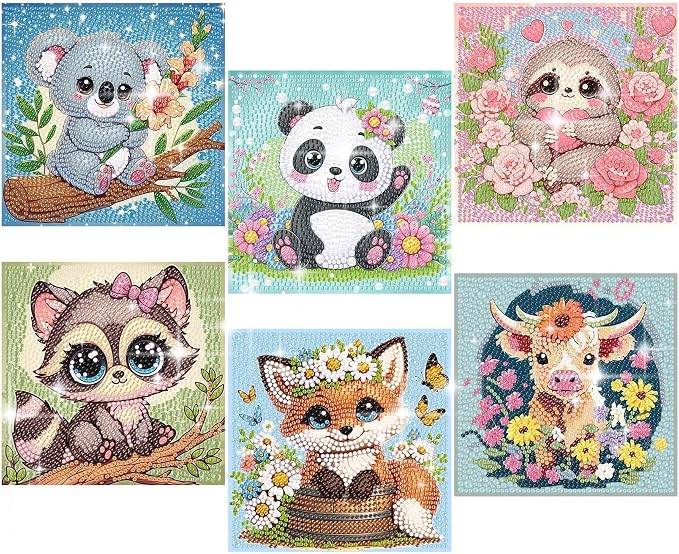 ajepon 6 Pack Animal Diamond Art Kits for Kids, Cute Animals Diamond Art for Kids Ages 8-12, Koala Panda Sloth Raccoon Fox Cow Diamond Painting Kits for Kid for Gift Home Wall Decor (6x6inch)