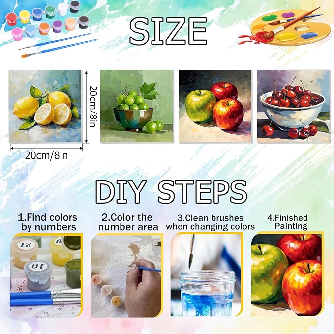 Ycydilirab 4 Pack Fruit Paint by Numbers Kit for Adults with Framed Wooden Easel - Fruit Adult Paint by Number,Paint by Number Canvas for Adults Gifts Home Wall Decor 8×8 inch