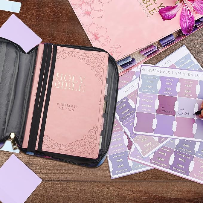 48 Pcs Bible Study Supplies for Women, Bible Journaling Kit Includes Bible Pencil Case, Tags, Pens, Highlighters, 4 Color Clear Sticky Notes, Notebook, 15 Clips, 4 Rolls of Washi Tape & More (Purple Bag)