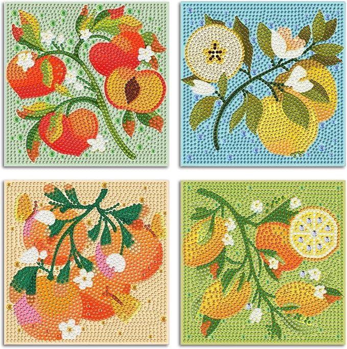 4 Pack Diamond Art Painting Kits for Kids, Small Diamond Art Kids 6x6 Inch | Fruit Diamond Art for Kids Ages 4-6-8-12 , Small Diamond Art Kits for Kids, Easy Art and Craft for Kids (no Frame)