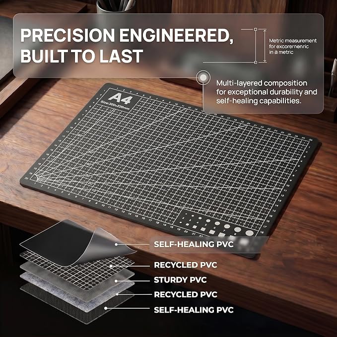 Professional A4 Self-Healing Cutting Mat, Non-Slip Craft Cutting Board with Grid, Durable PVC Material for Handmade Scrapbooking, Sewing, Model Making and Office Desktop Protection