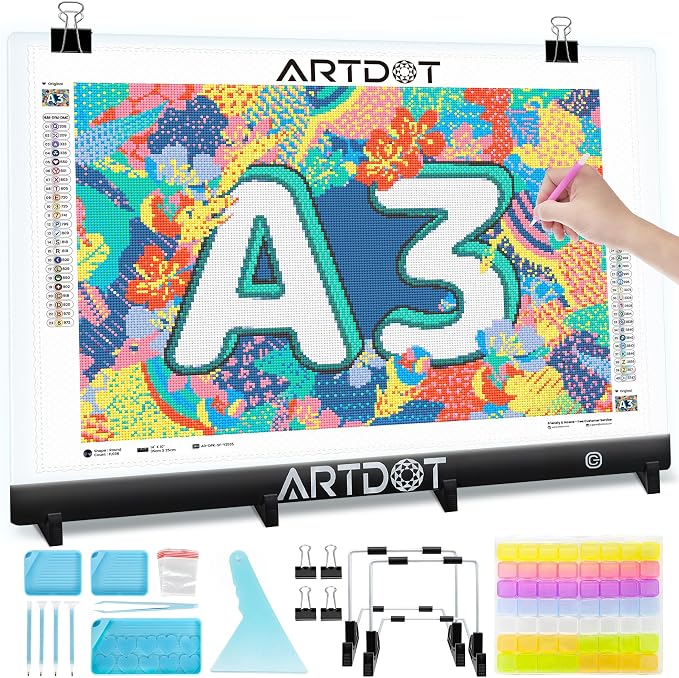 ARTDOT A3 LED Light Pad for Diamond Art Kits for Adults | USB Powered Light Board Kit, Adjustable 3 Brightness Levels with Diamond Painting Tools Detachable Stand and Clips