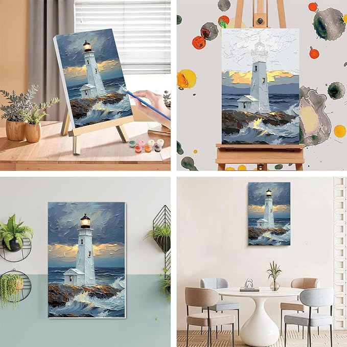 xackcme Lighthouse Paint by Numbers for Adults with Framed Canvas 8x12 inch | Landscape Paint by Number for Beginners, DIY Acrylic Oil Painting on Canvas with Wooden Easel Brushes for Home Wall Decor
