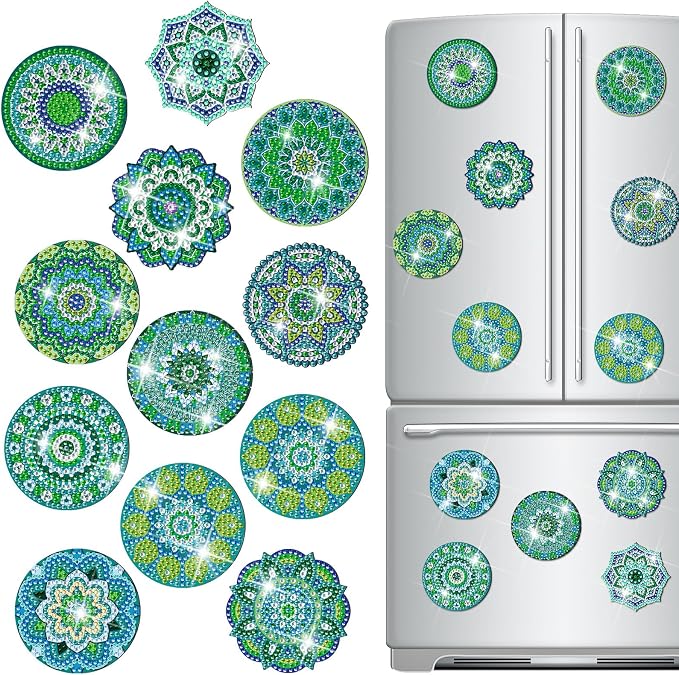 Zonon 12 Pcs Mandala Diamond Art Fridge Magnets, Teal Green | Refrigerator Magnets for Whiteboard Locker Office, Boho Turquoise Diamond Painting Patterns, Round Hexagon Designs