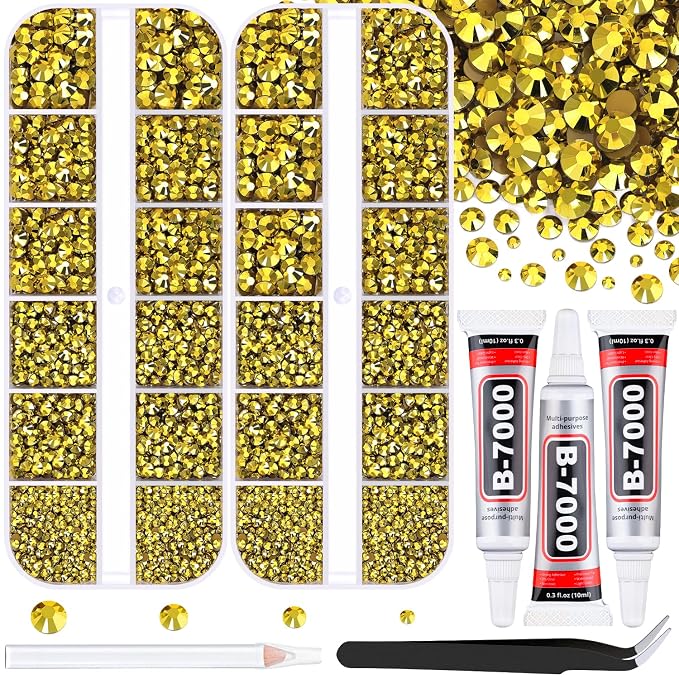 12100Pcs Resin Rhinestones for Crafting with 3Pcs 10ml B7000 Jewelry Glue, 2 Boxes Flatback Crystals Diamond (Bright Gold) for Bedazzling Crafts DIY Nail Art，Non Hotfix Gems for Clothing Shoes