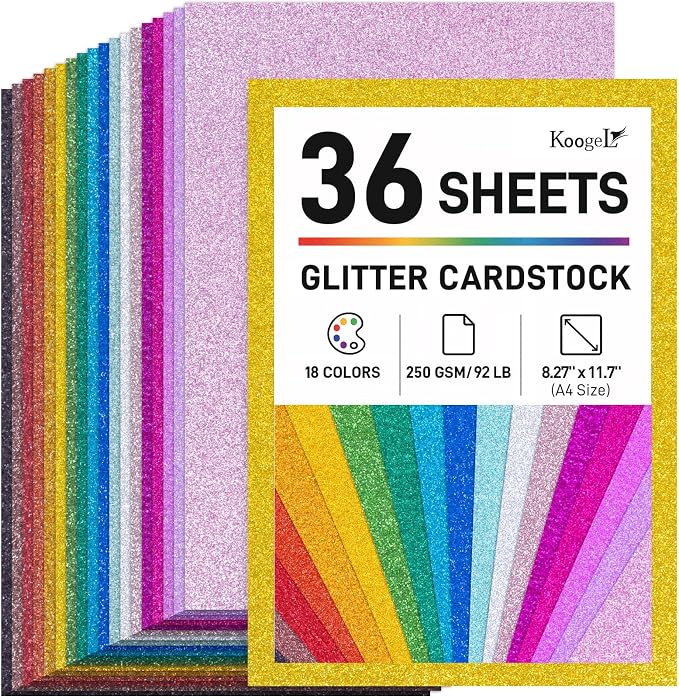 Koogel 36Sheets Glitter Cardstock, 8.27" x 11.7" (A4 Size) 18 Colors