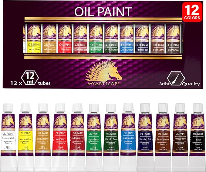 MyArtscape Oil Paint Set - 12 x 12ml Artist Oil Paint Tubes | Rich pigment oil paint set with smooth blending glossy finish and excellent coverage for canvas painting