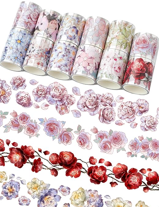 Floral Washi Tape Set - 12 PET & Washi Tapes for Journaling Stickers, Scrapbooking Supplies, Planner, Bullet Journals,Arts & Crafts. Use as Stickers