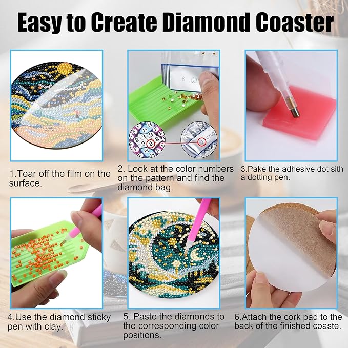 8 Pcs Landscape Diamond Art Coasters with Holder,Landscape Diamond Art Kits for Adults,Diamond Painting Coasters Kit for Gifts