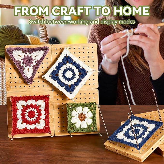 4-Pack 4.7" Assembled Crochet Blocking Boards for Granny Square with Pins | With 25 Steel Pins Pegs, Assembles into 9.4" Standable Blocking Board for Crocheting and Knitting,Gifts for Crocheter