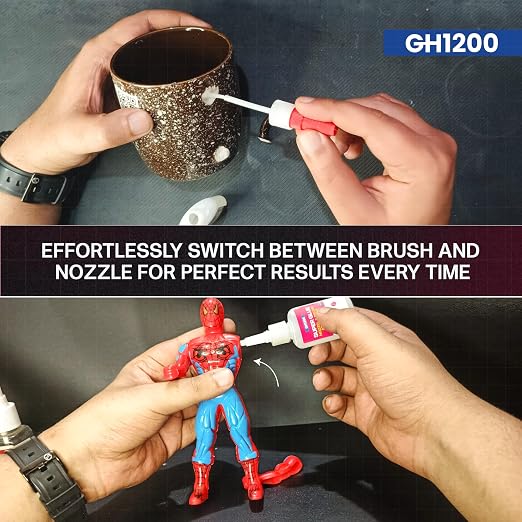 GH1200 2 PCs (2-in-1) Super Glue with Brush Applicator & Nozzle, Mess Free Superglue Brush, Instant Never Dries, 3000 CPS Ca Glue, No Stain Clear Glue, Super Glue for Plastic, Rubber & More
