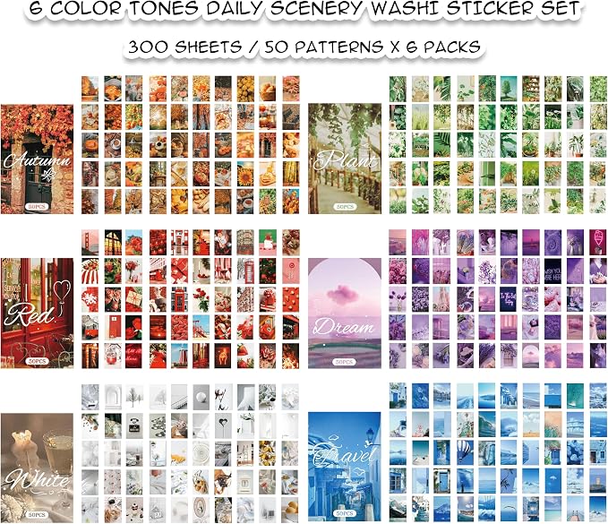 PRSTINCOL Washi Stickers Set, Assorted Colors, 6 Sets 300 Pcs | Aesthetic Sticker Book, Daily Scenery Life Stuff, Decorative Paper Sticker Decals