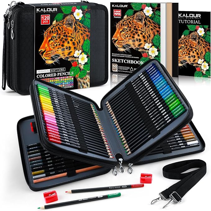 KALOUR 120 Colored Pencils Set with Carry Case, Sketchbook, Blender, Sharpeners & Color Chart, Oil-Based Soft Core,Professional Art Supplies for Adults and Artists