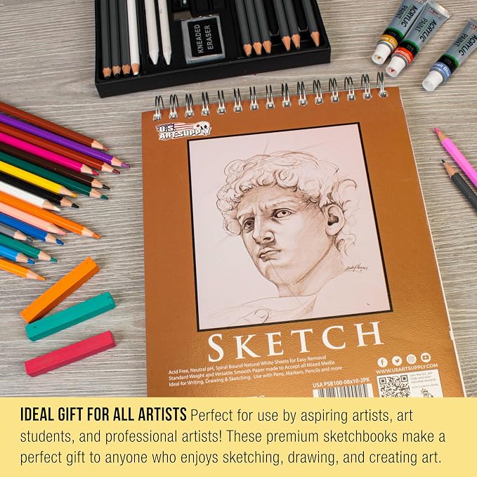 U.S. Art Supply 8"x10" Top Spiral Bound Sketch Book, 100 Sheets Each 2-Pack | 60lb (100gsm), Acid-Free, Artist Sketchbook, Drawing for Adults & Students