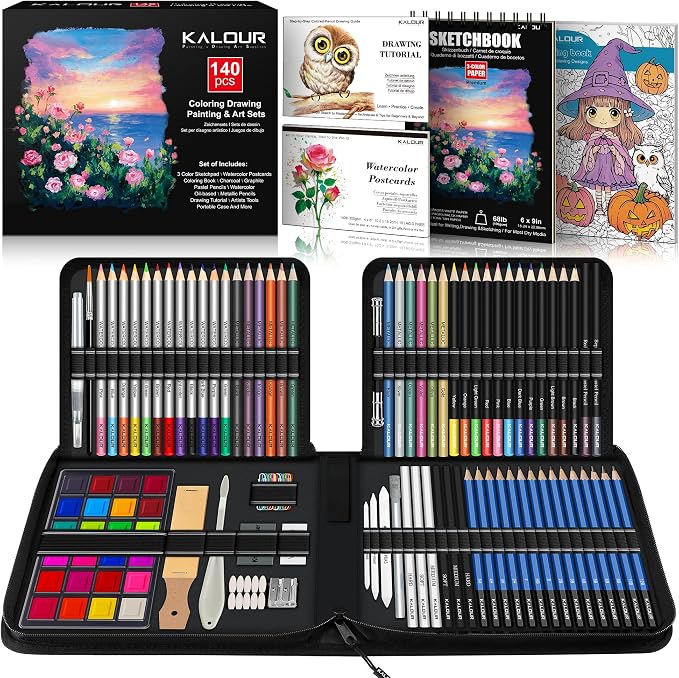 KALOUR 140 Drawing Set Sketching Kit,Art Supplies with 3-color Sketchbook & Coloring Paper,Include Tutorial, Colored, Graphite, Charcoal, Watercolor & Metallic Pencil,for Artists Adults Teens Beginner