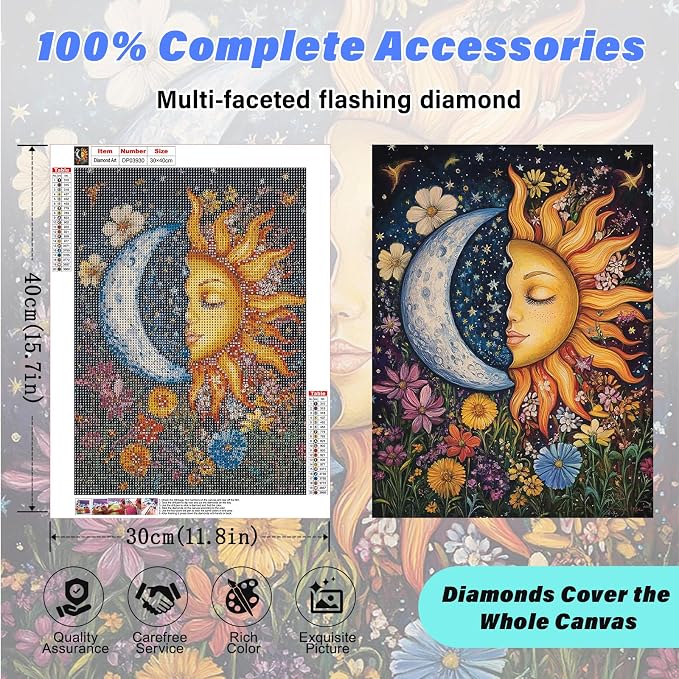 Sun&Moon Diamond Art Kits for Adults,Flowers Diamond Painting Wall Decor