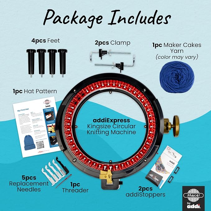 Addi Express King Size Knitting Machine Set, 46 Needles Circular Loom with Hand Crank, Row Counter, Maker’s Mercantile Yarn Cake (Color May Vary), and Hat Pattern