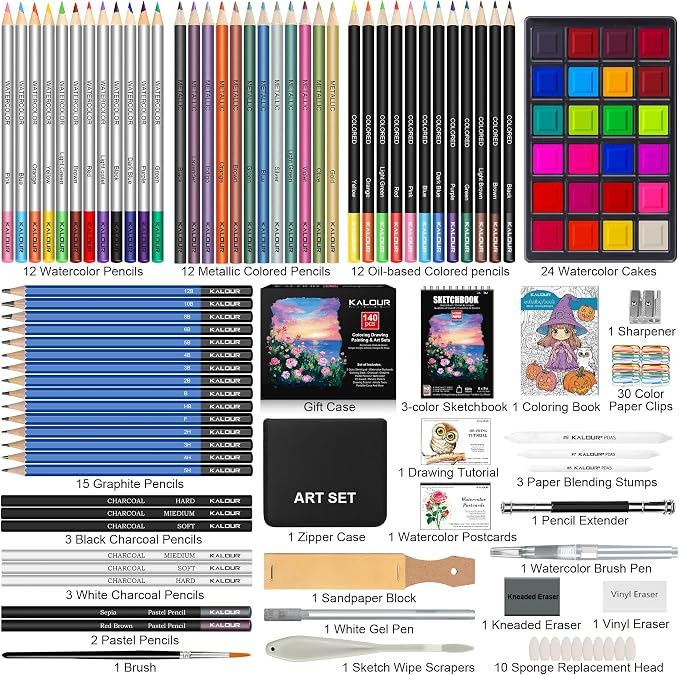 KALOUR 140 Drawing Set Sketching Kit,Art Supplies with 3-color Sketchbook & Coloring Paper,Include Tutorial, Colored, Graphite, Charcoal, Watercolor & Metallic Pencil,for Artists Adults Teens Beginner