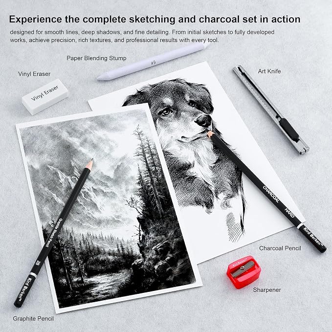 24PCS Professional Sketch Pencil Set – 5H to 14B Pencils, Charcoal Pencils, Art Supplies Kit with Erasers, Sharpener, Knife – Ideal Gift for Artists, Students, Kids, Beginners