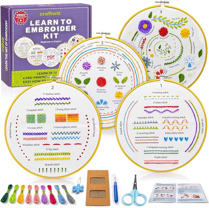 Craftwiz 4-Piece Starter Embroidery Kit for Beginners and Expert with Simple Patterns, Learn 29 Stitches with Hand Embroidery Kit