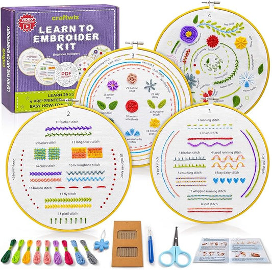 Craftwiz 4-Piece Starter Embroidery Kit for Beginners and Expert with Simple Patterns, Learn 29 Stitches with Hand Embroidery Kit