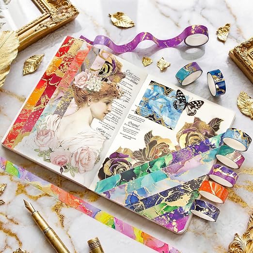 NANYNNU Gold Washi Tape Set - 24 Rolls Metallic Foil Marbling Washi Tape, Decorative Washi Tapes for Junk Journal Supplies, Bullet Journal Supplies, DIY Crafts, Scrapbooking, School Supplies