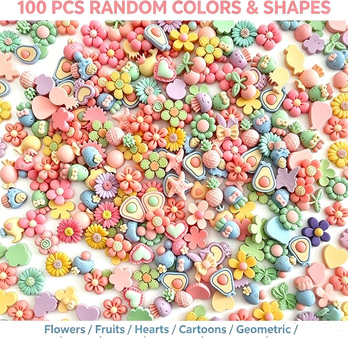 100Pcs DIY Scrapbooking Embellishments,Pink Glitter Resin Accessories, Solid Color Cream Glue Craft Charms for Jewelry Making, New Handmade Supplies (Pink/Green)
