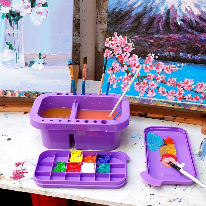 MyLifeUNIT Paint Brush Cleaner, Paint Brush Holder with Palette, Purple | 18 mixing wells, 16 slots fitting 0.24-0.63 in diameters, 3 washing compartments, removable tray lid