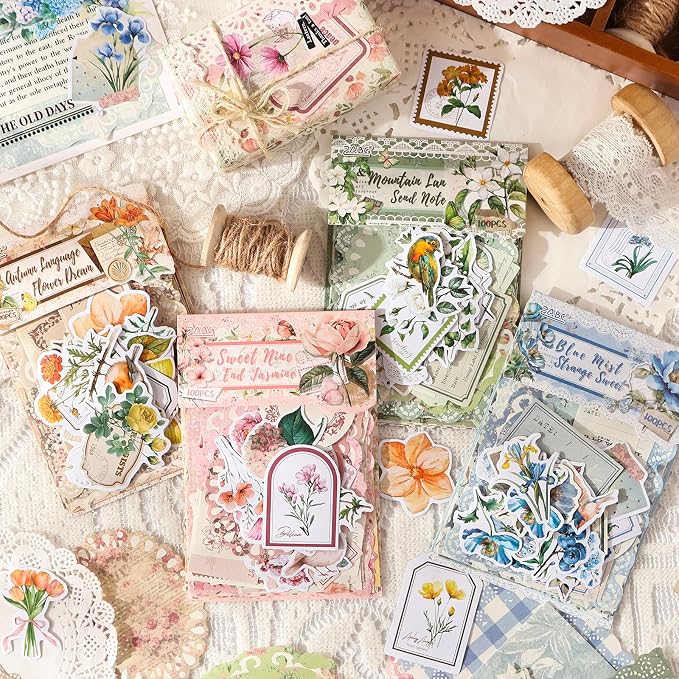 400 Pcs Floral Scrapbook Paper & Stickers, 4 Packs Scrapbook Supplies Kit, Junk Journal Scrapbooking Paper for Journaling, Scrapbooking Embellishments, Planner, Card Making