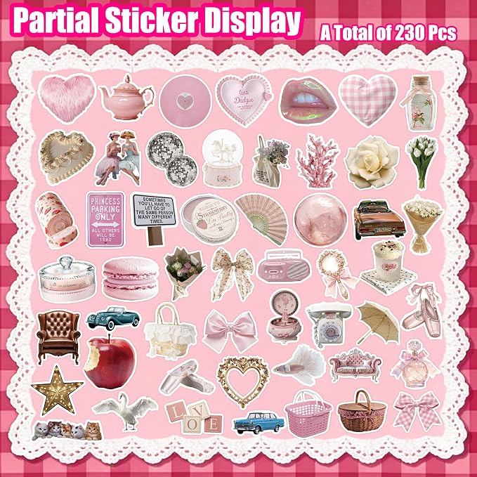 230pcs Coquette Stickers Cute Vinyl Laptop Waterproof Aesthetic Pink Pack for Girls Water Bottles Laptop Computer Phone Guitar (230pcs Coquette Stickers)