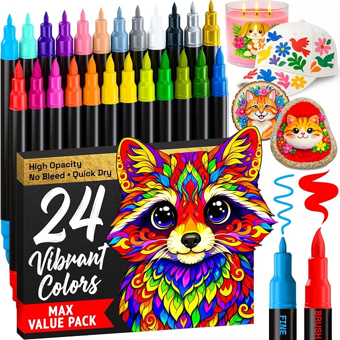 ARTISTRO 24 Dual-Tip Acrylic Paint Marker Pens for Drawing | For Fabric, Rock, Glass, Wood, & Molds, Arts & Crafts Gift for Adults, Teens, & Kids, Classroom Must Haves & School Supplies