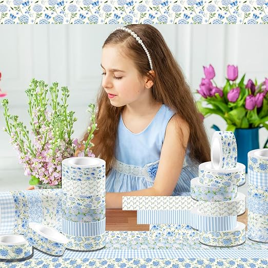 Hydrangea Washi Tape 12 Rolls Blue Hydrangea Tape Masking Decorative Blue Flower Washi Tape for DIY Craft Gift Wrapping Handbook Sticker Scrapbook Journaling Party Favor
