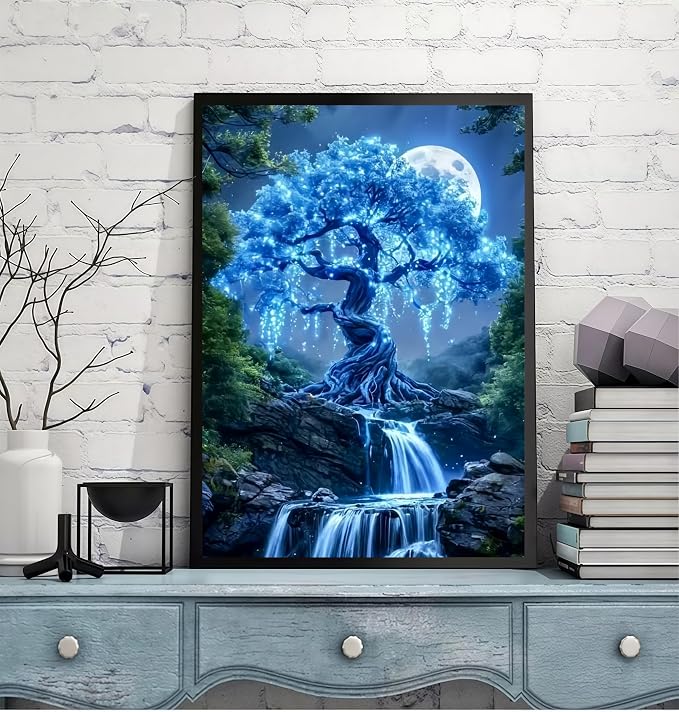 Moon Tree 5D DIY Diamond Painting Kits for Adults, Waterfall Diamond Art Kits for Beginners, Full Drill Dot Painting Gem Art Kits for Home Wall Decor11.8 x15.7 Inch