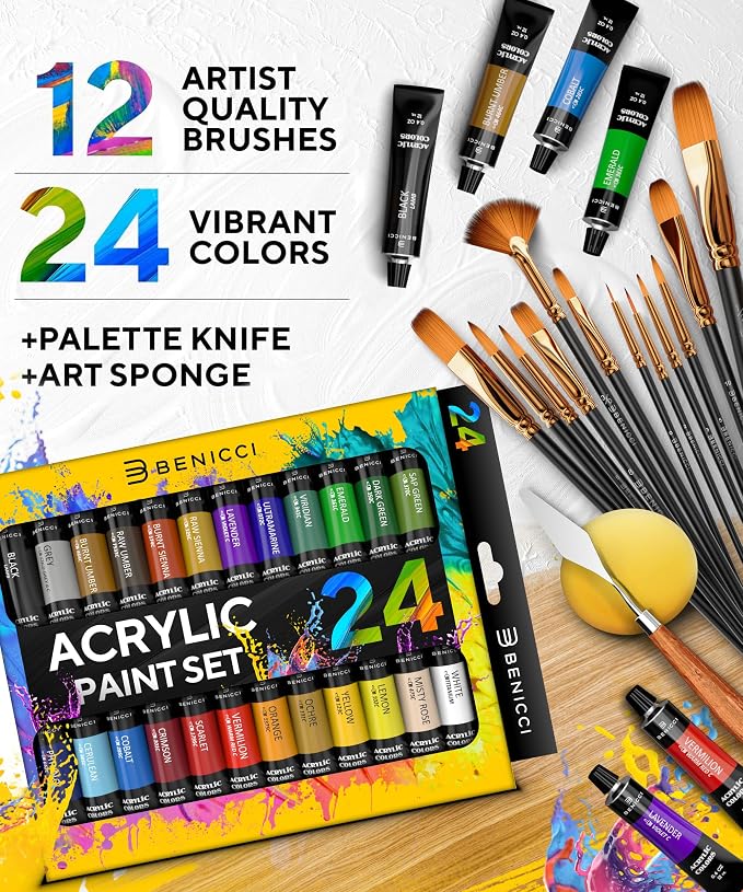 Complete Acrylic Paint Set – 24х Rich Pigment Colors – 12x Art Brushes with Bonus Paint Art Knife & Sponge – for Painting Canvas, Clay, Ceramic & Crafts, Non-Toxic & Quick Dry – for Kids & Adults